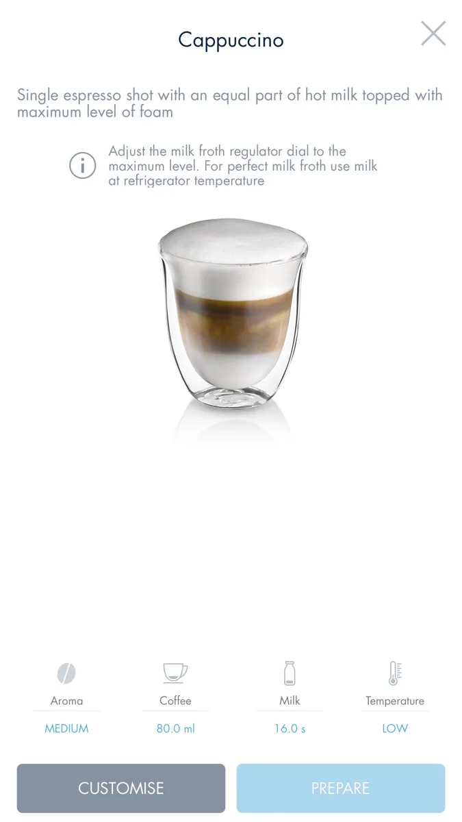 A screen from the De'Longhi app, as published on its App Store listing