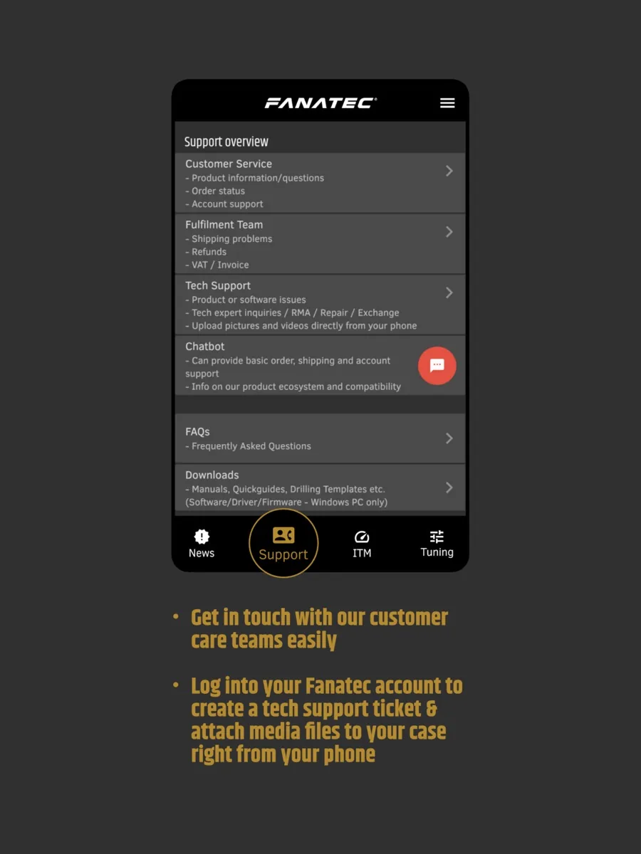 A screen from the Fanatec app, as published on its App Store listing