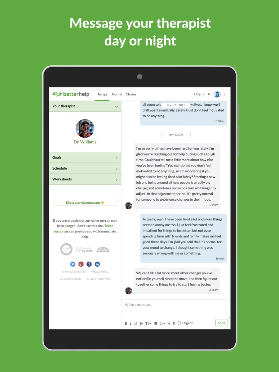 A screen from the BetterHelp app, as published on its App Store listing