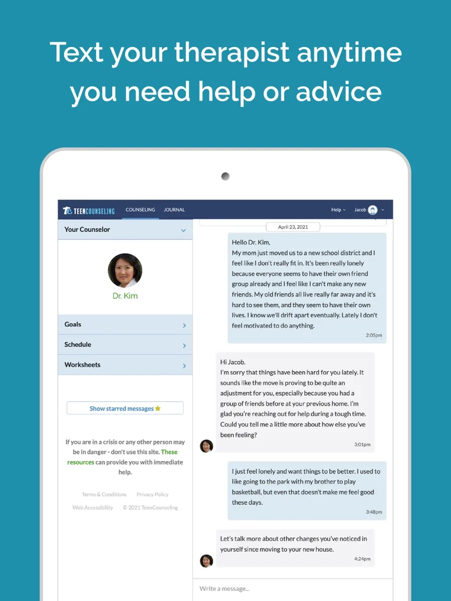 A screen from the Teen Counseling app, as published on its App Store listing