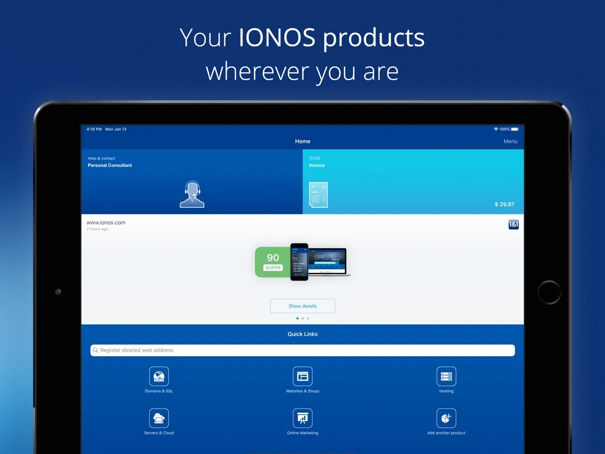 A screen from the IONOS app, as published on its App Store listing