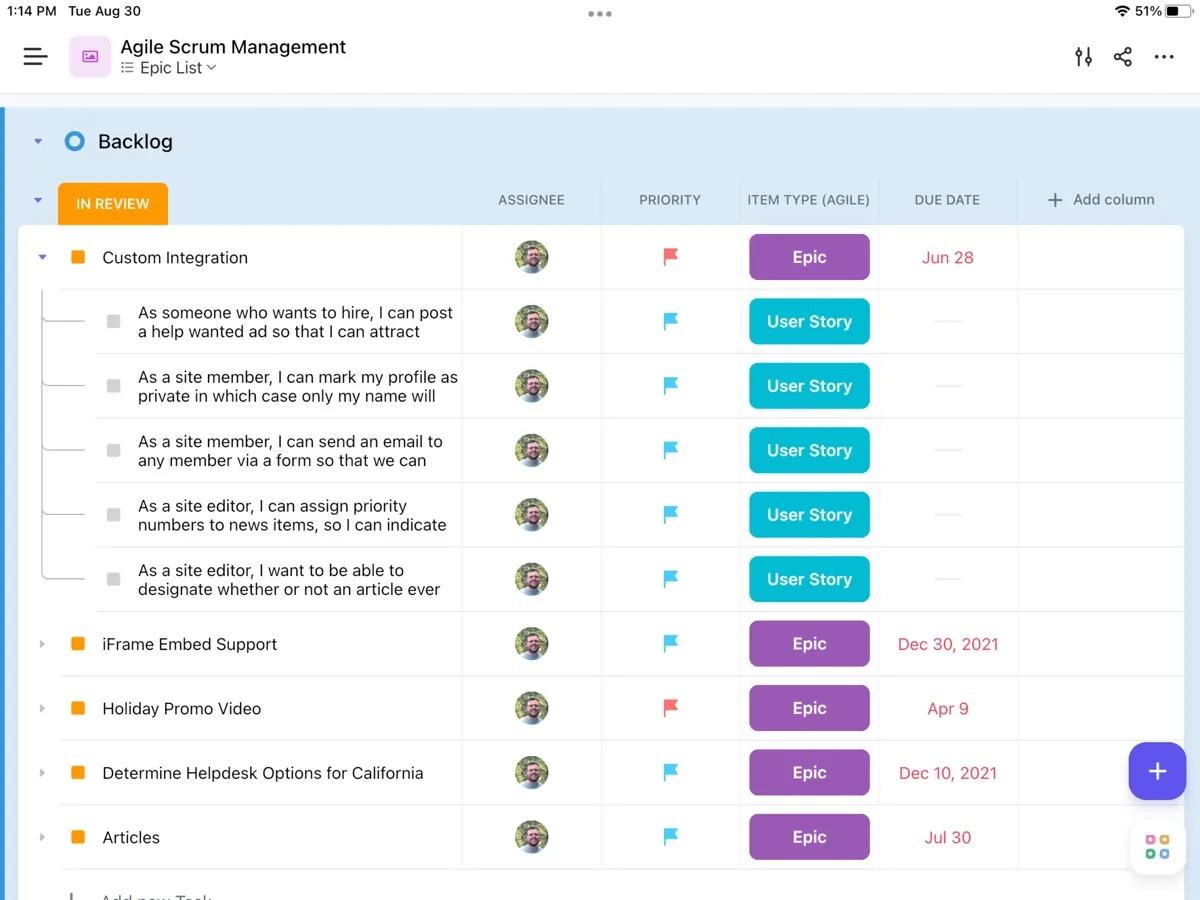A screen from the ClickUp app, as published on its App Store listing