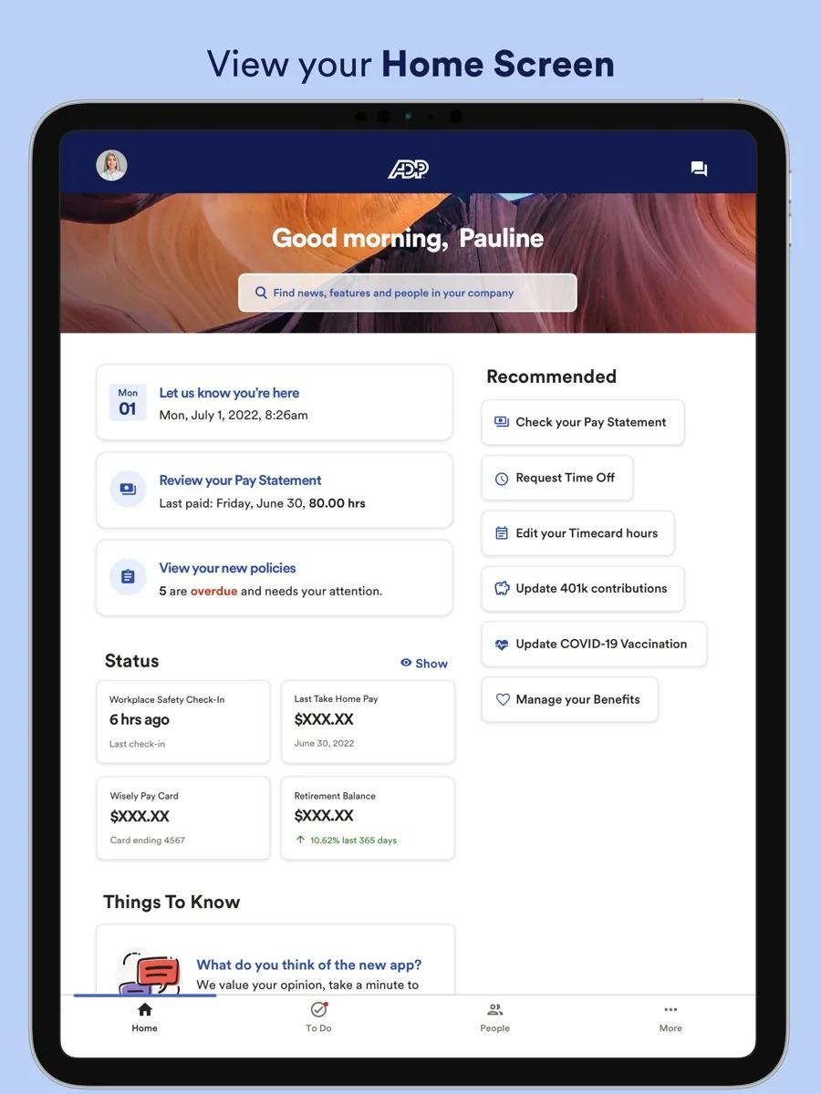 A screen from the ADP app, as published on its App Store listing