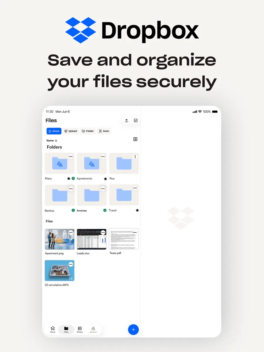 A screen from the Dropbox app, as published on its App Store listing